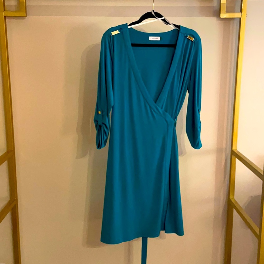 Calvin Klein Teal Turquoise Green Wrap Dress - Size 14